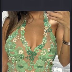 Ema Savahl Hand Painted Sheer Green Floral Appliqué Botanica Garden Halter Top